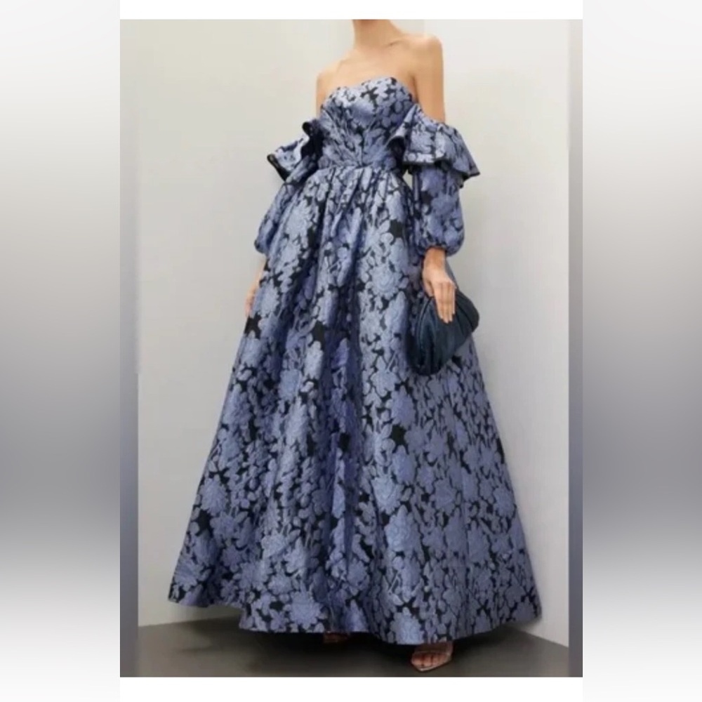 Zac Posen Elegant Blue Floral Jacquard Gown